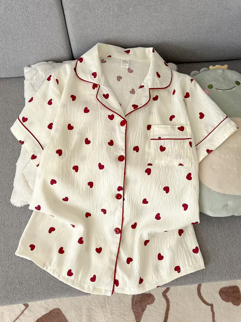 Women’s Red Heart Print Pajama Set – Short Sleeve Button-Up Sleepwear