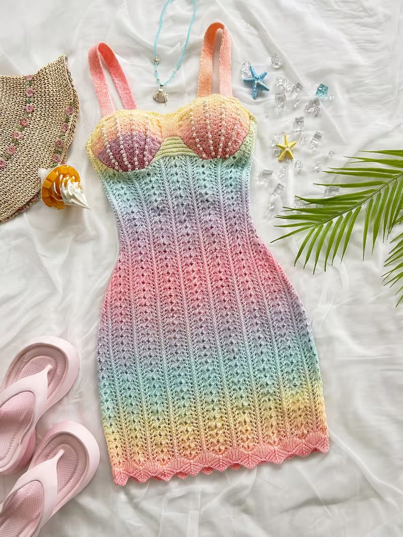Pastel Rainbow Crochet Knit Spaghetti Strap Maxi Dress