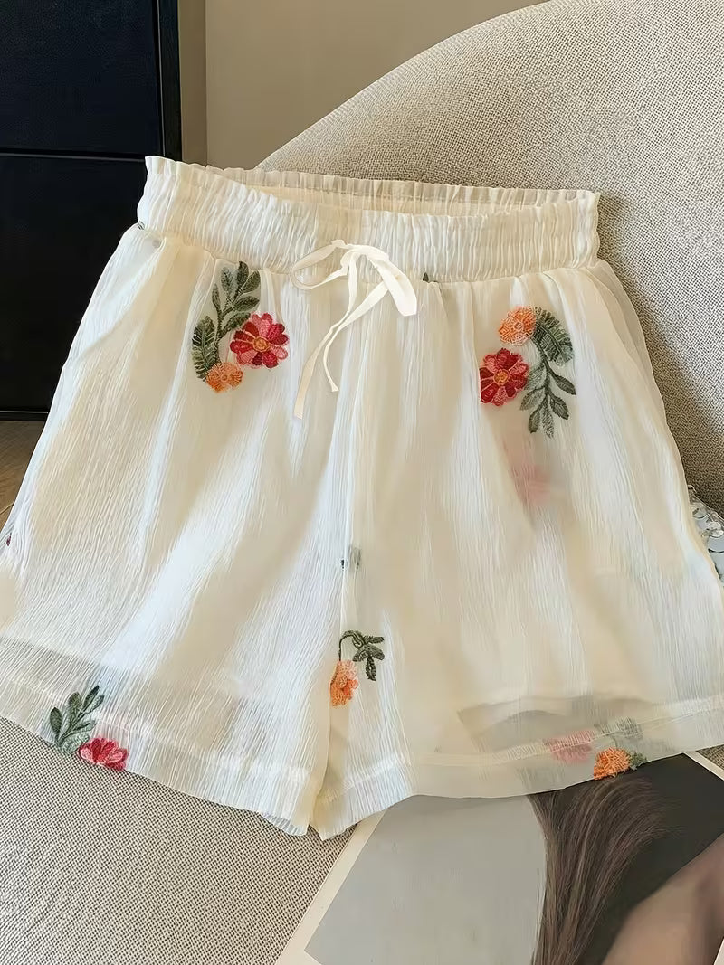 Women's Embroidered Floral Two-Piece Lounge Set | Long Sleeve Shirt & Drawstring Pants