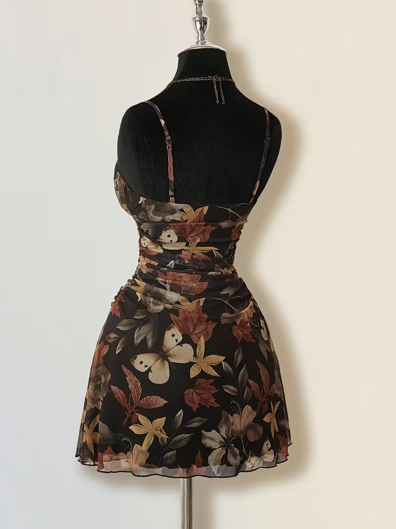 Black Floral Ruched Spaghetti Strap Maxi Dress
