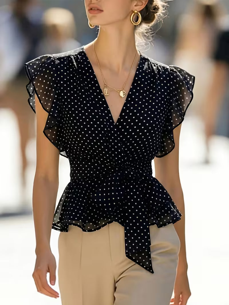 Women’s Black Polka Dot Ruffle Wrap Peplum Top