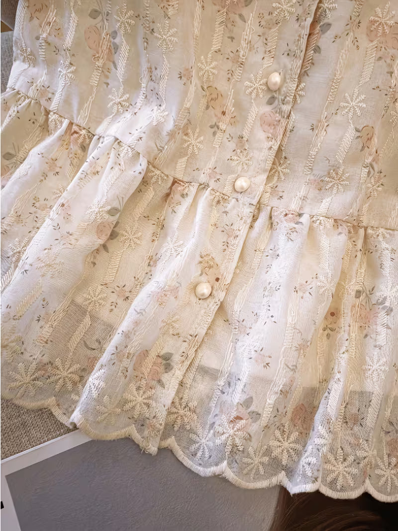 Floral Embroidered Puff Sleeve Peplum Top