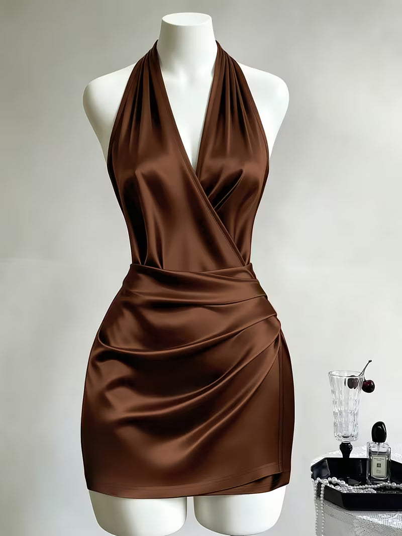 Chocolate Brown Satin Wrap Ruched Maxi Dress