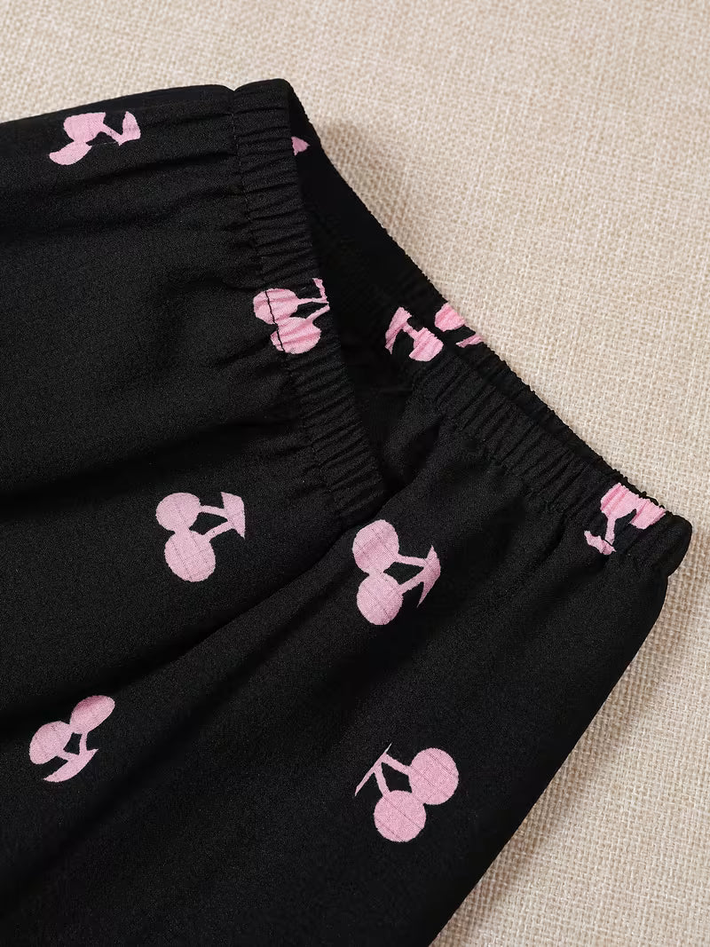 Women’s Cherry Print Pajama Set – Short Sleeve Button-Up Top & Lounge Shorts