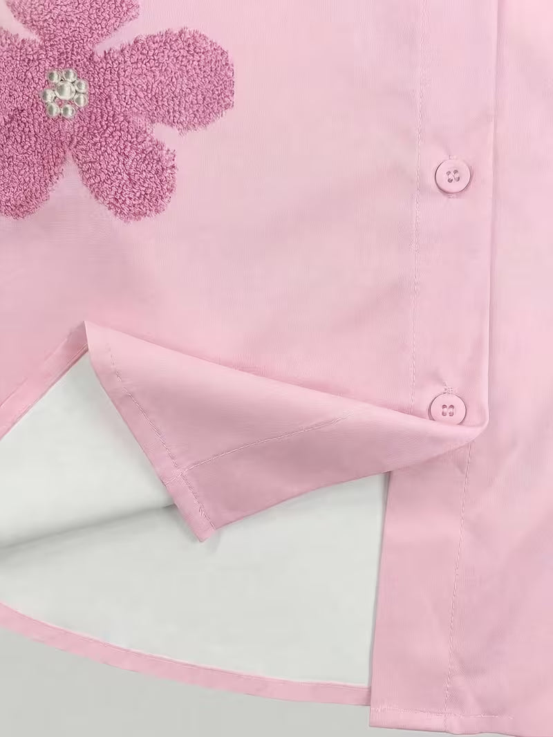 Women’s Pink Floral Embroidered Button-Down Shirt