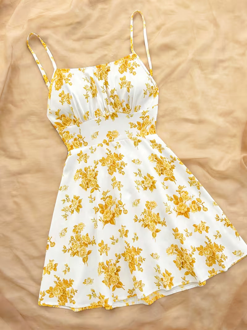 Mustard Floral Print Fit & Flare Mini Dress