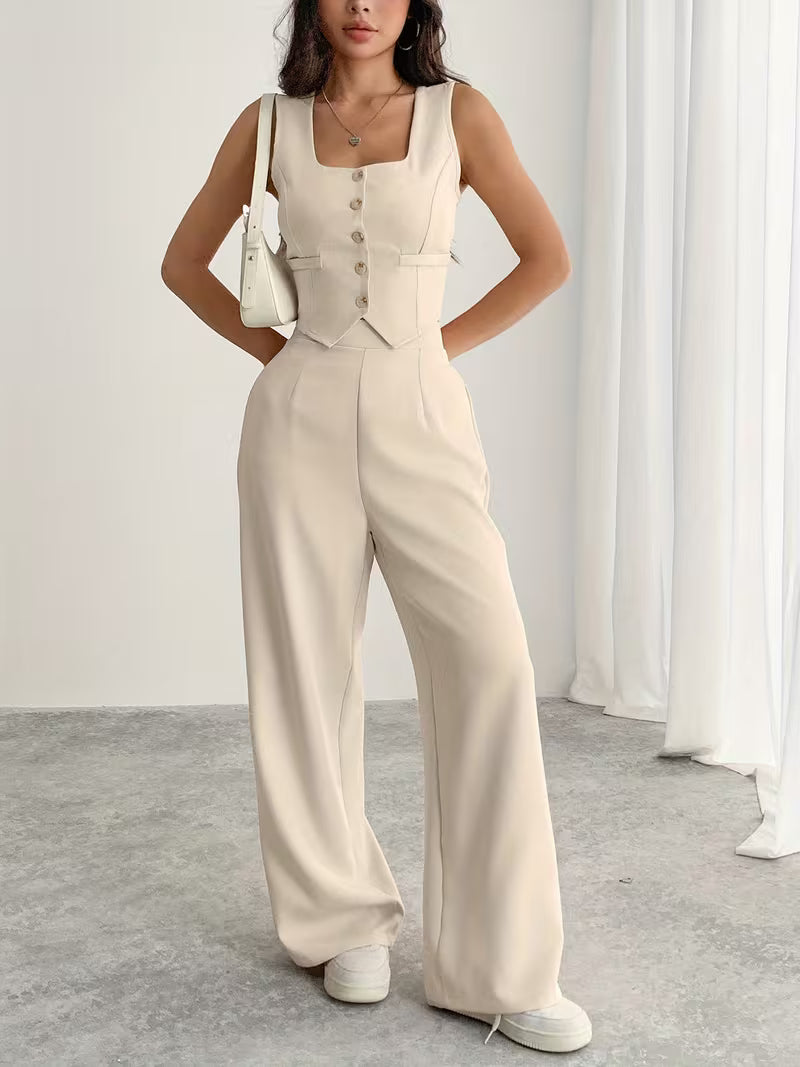 Women’s Beige Sleeveless Button-Front Vest & Wide-Leg Pants Set