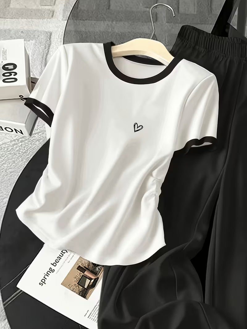 Women's Heart Print T-Shirt & Wide-Leg Pants Co-Ord Set