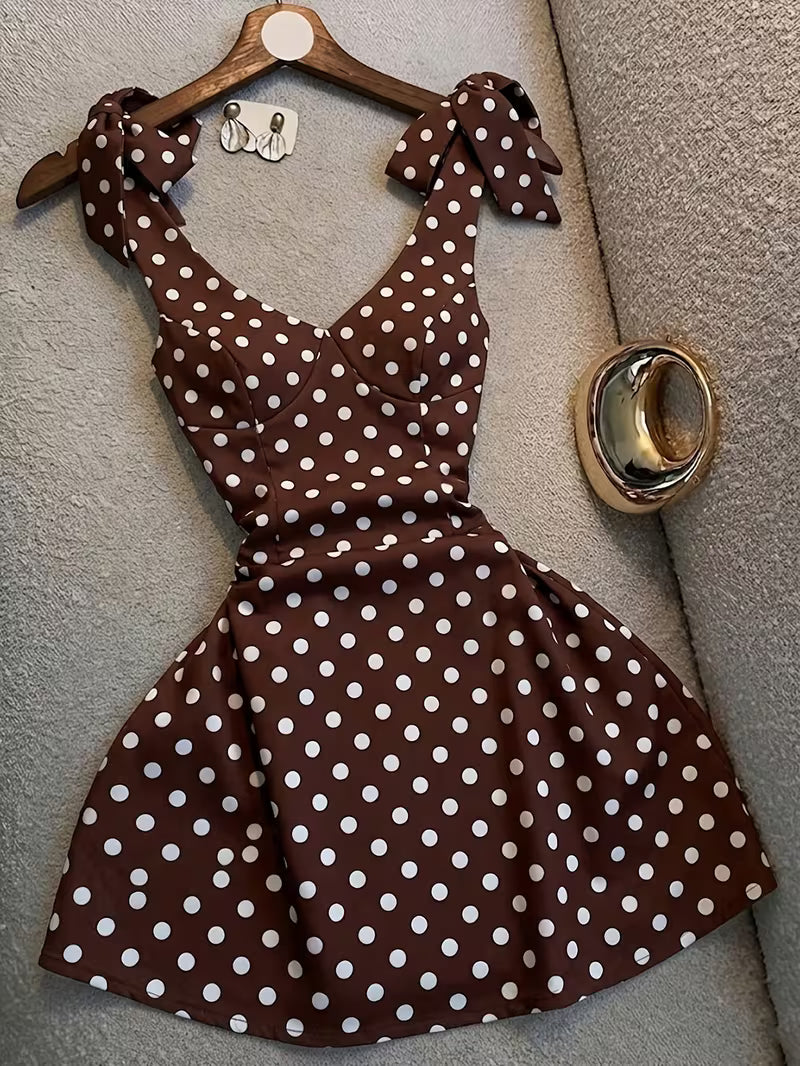 Chocolate Brown Polka Dot Tie-Shoulder Fit & Flare Dress