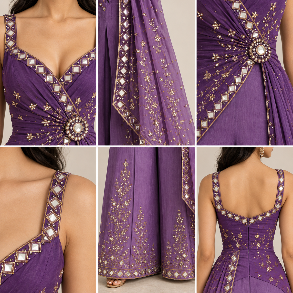 Regal Purple Mirrorwork Draped Palazzo Set