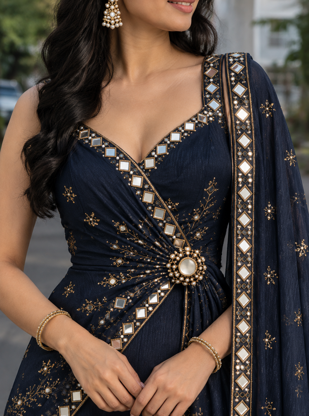 Midnight Navy Embellished Draped Palazzo Jumpsuit