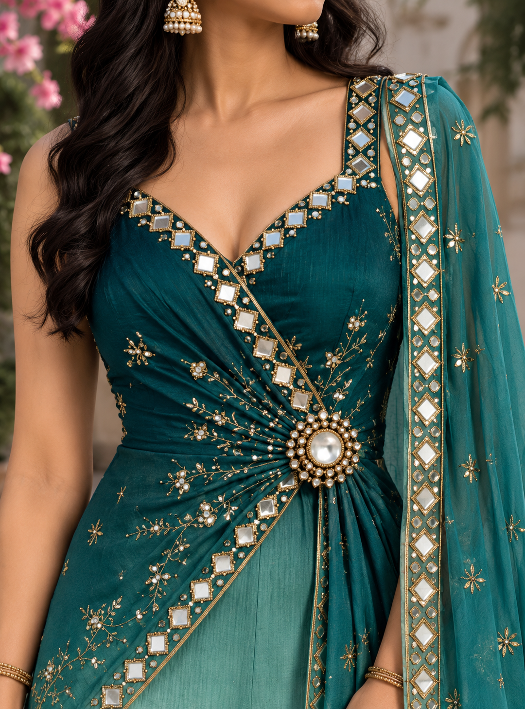 Teal & Ivory Ombre Embroidered Draped Palazzo Jumpsuit