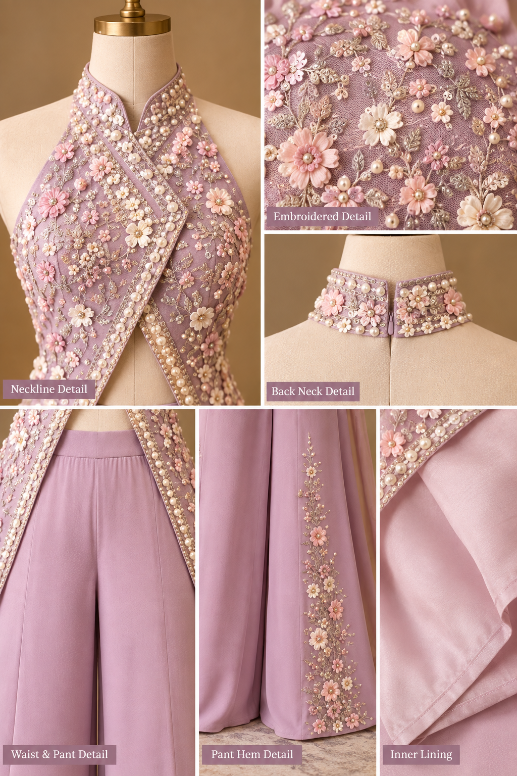 Women’s Lavender Floral Embroidered Halter Cape Top & Palazzo Pants Set