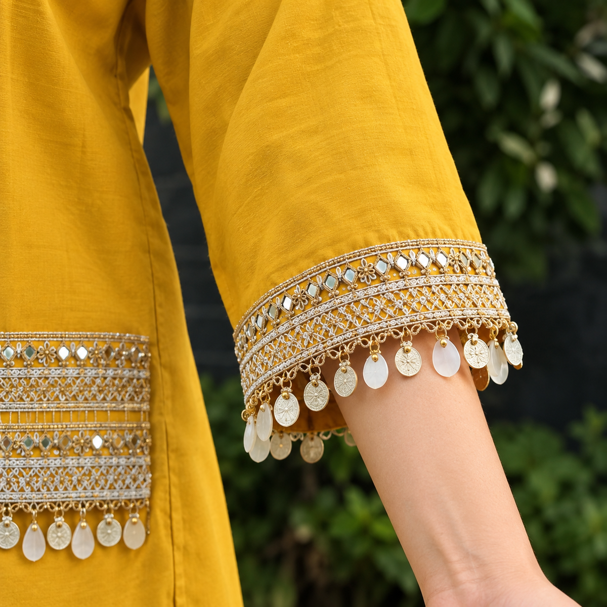 Mustard Embellished Kurta Palazzo Set