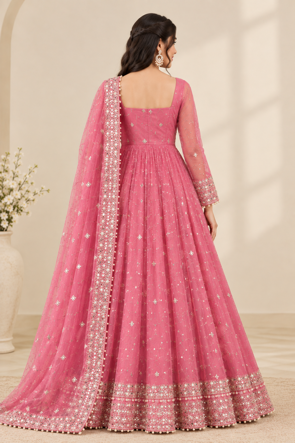 Blush Pink Mirror Work Anarkali Suit Set