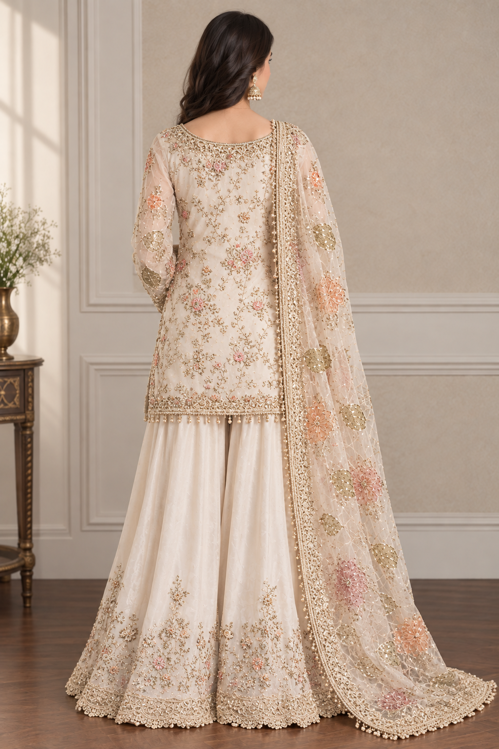 Ivory Blossom Embroidered Sharara Suit with Sheer Dupatta