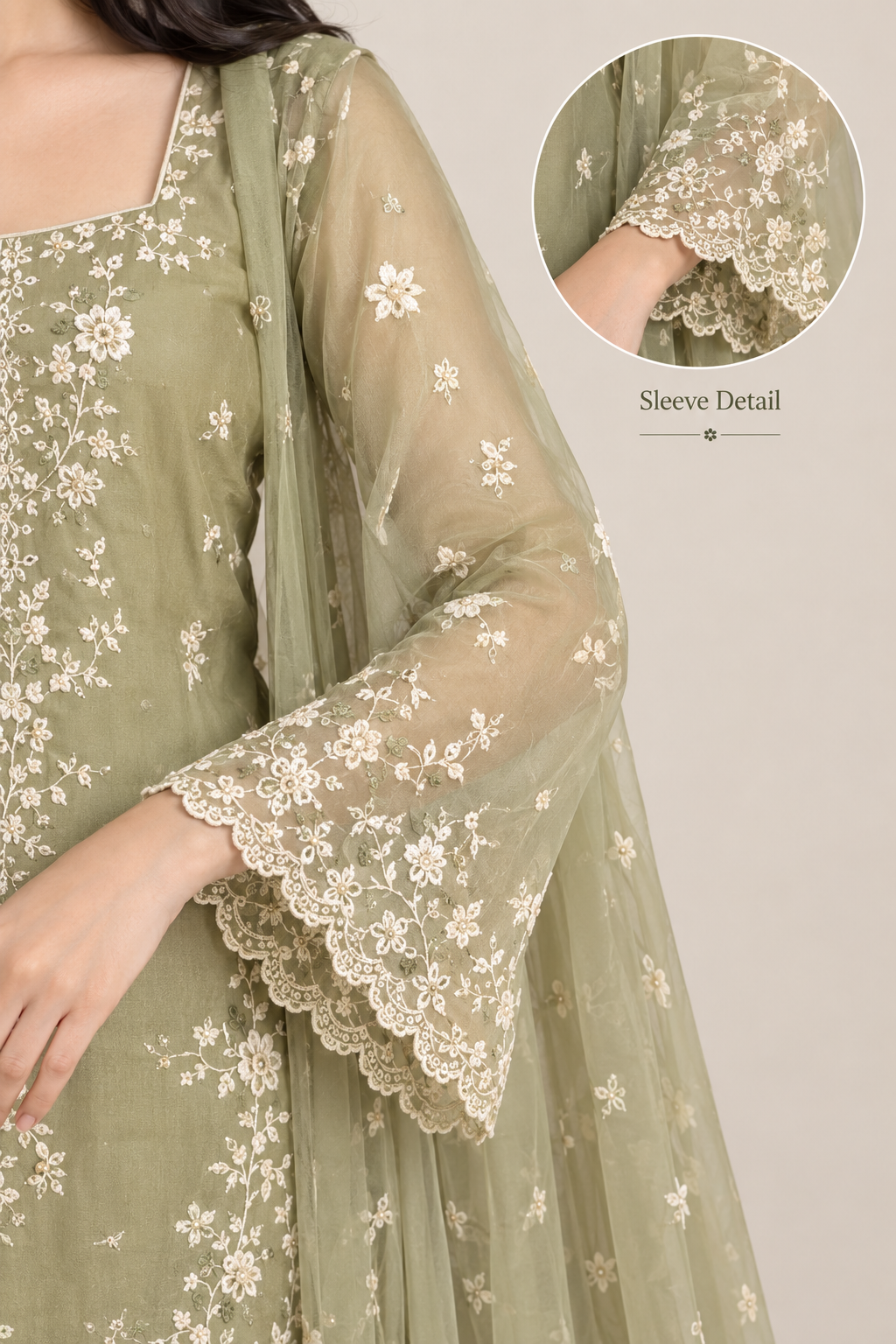 Sage Green Embroidered Anarkali Sharara Set with Dupatta