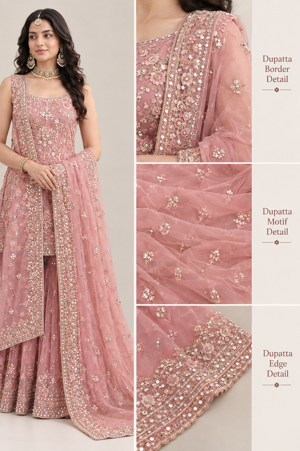 Women’s Dusty Rose Embroidered Anarkali Sharara Set with Dupatta