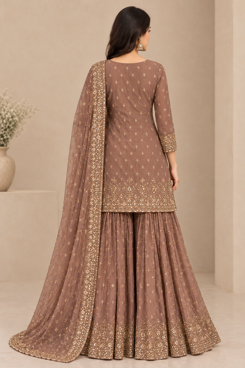 Mauve Elegance Gold Embroidered Sharara Suit Set