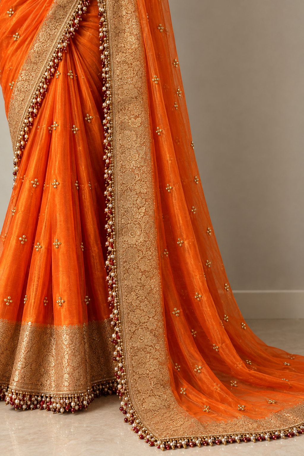 Royal Orange Silk-Style Saree with Heavy Gold Zari Border & Pearl Tassels