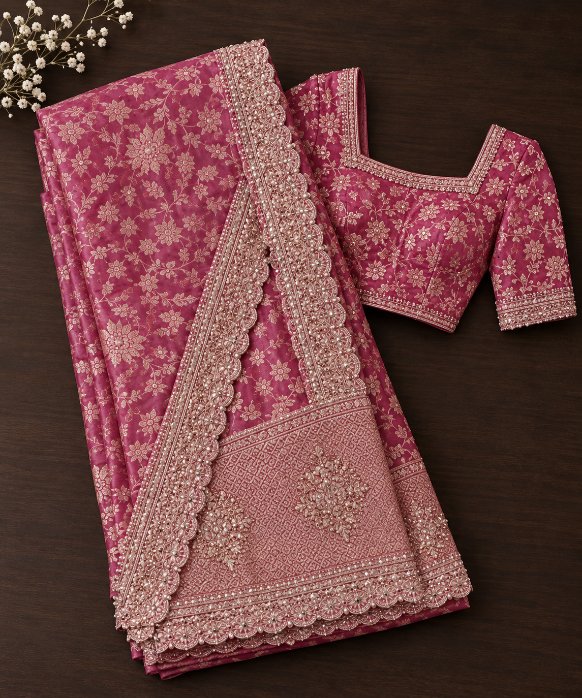 Elegant Rani Pink Floral Jacquard Saree with Ornate Embroidered Border and Matching Blouse