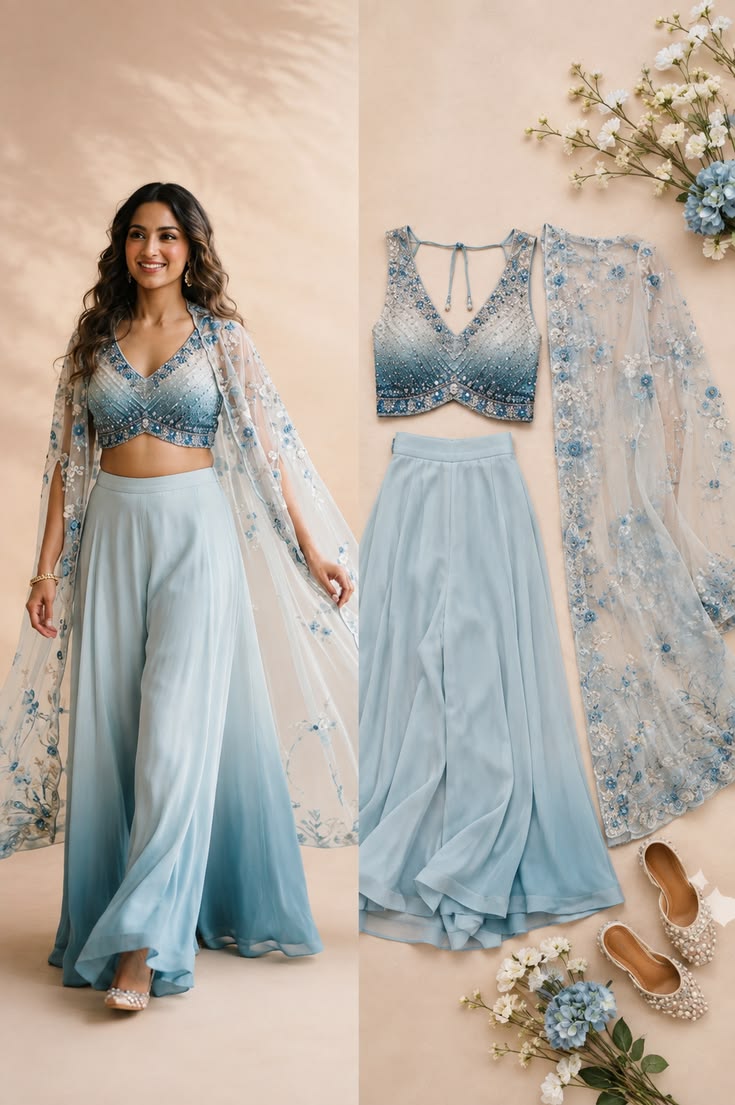 Icy Blue Embroidered Cape Palazzo Set
