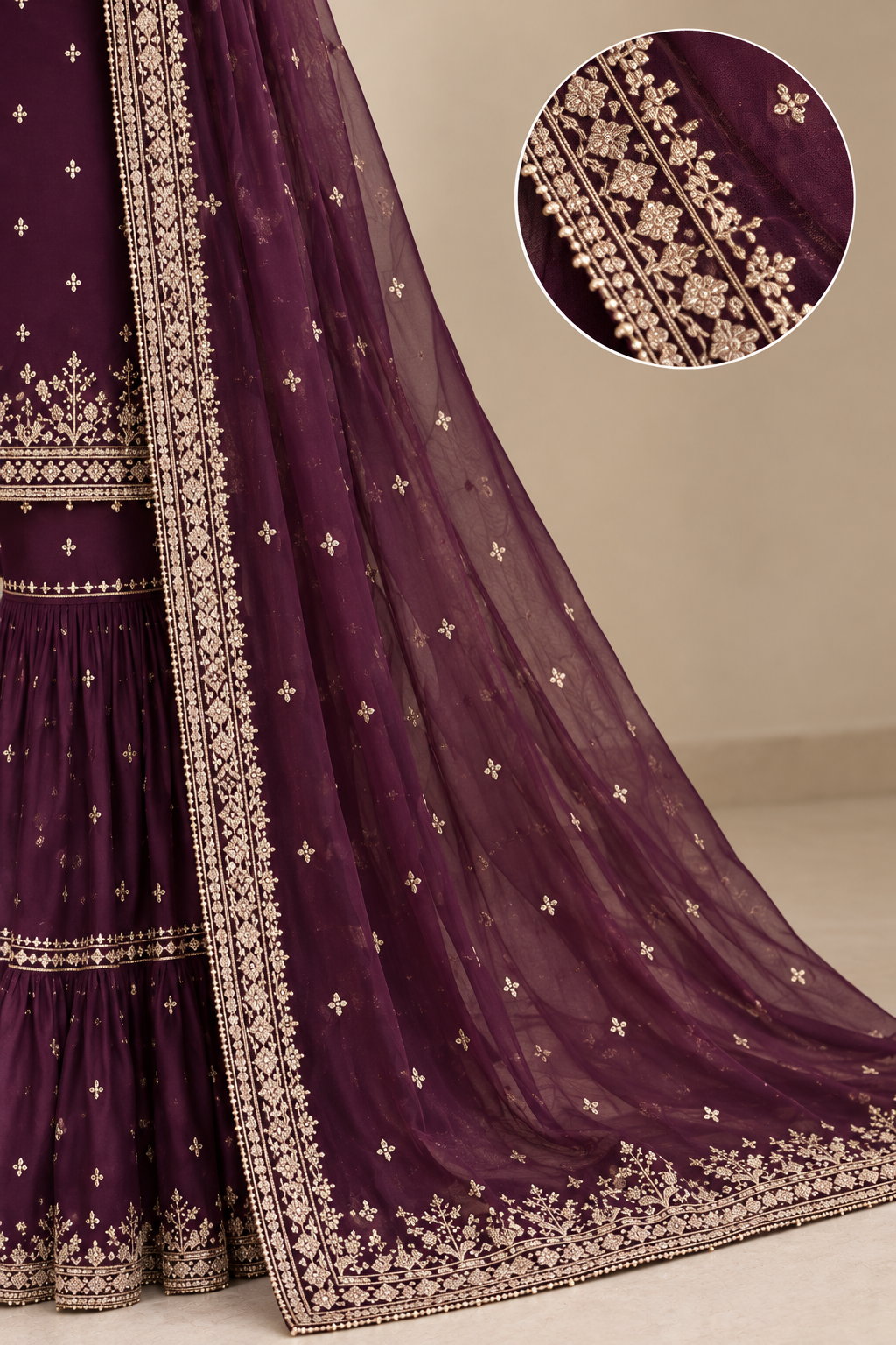 Women’s Wine Plum Gold Embroidered Sharara Suit Set with Dupatta | Festive & Wedding Ethnic Wear