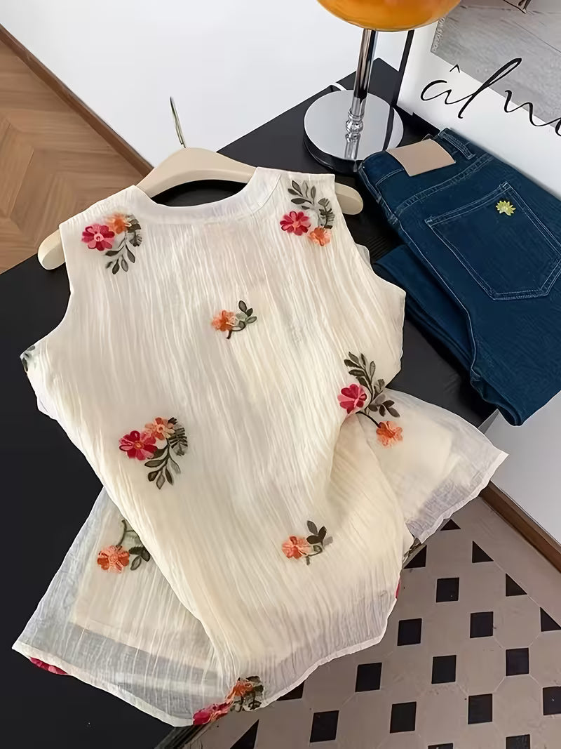 Floral Button-Down Cotton Sleeveless Top