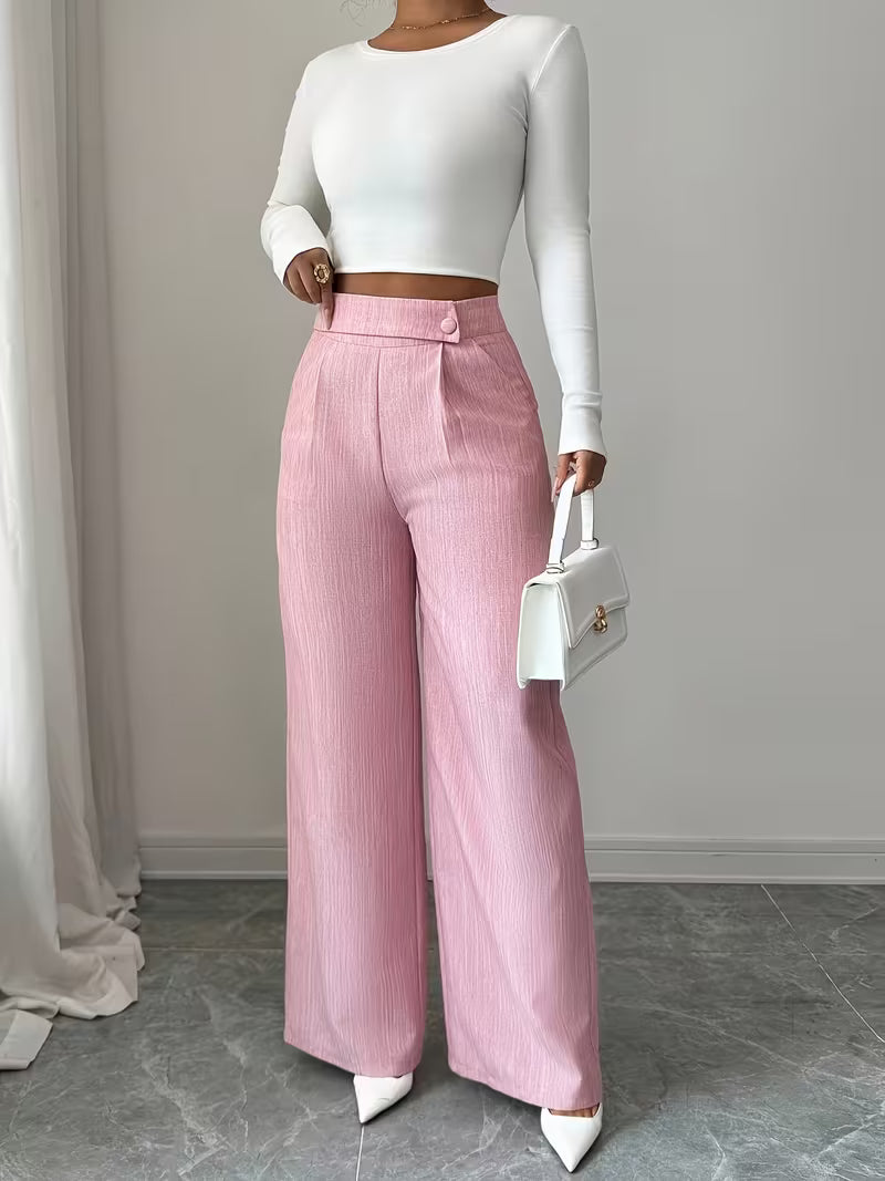 High-Waisted Wide-Leg Button-Front Trousers – Pack of 2