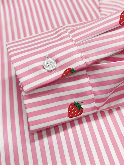 Women’s Pink Striped Strawberry Print Button-Down Shirt