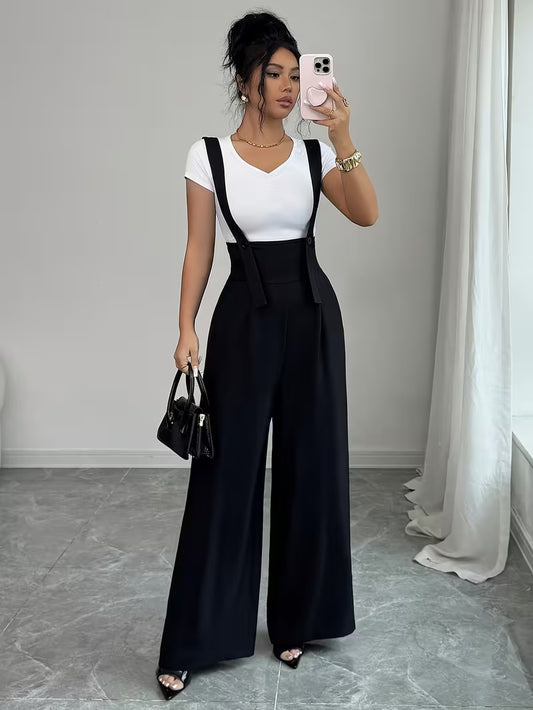 Women’s High-Waisted Black Wide-Leg Suspender Jumpsuit