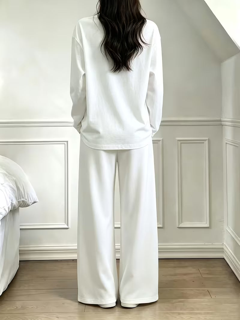 Women’s White “Limited Edition” Printed Long Sleeve T-Shirt and Wide-Leg Pants Co-Ord Set