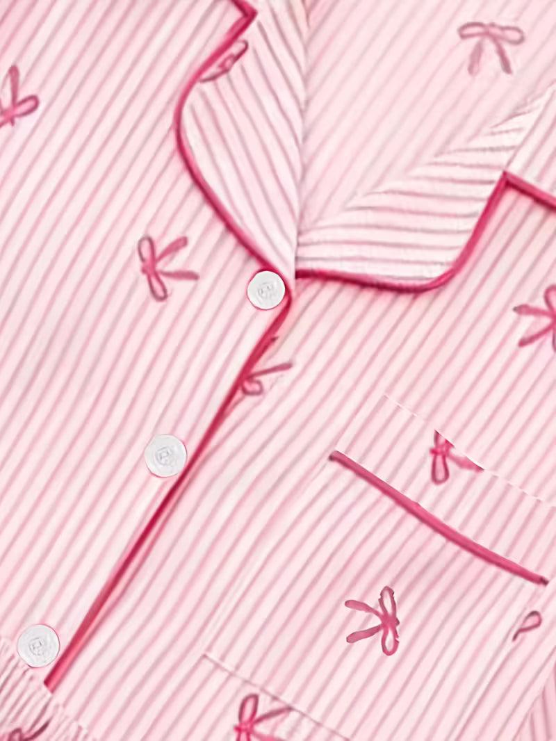 Women’s Pink Bow Print Striped Pajama Set – Short Sleeve Button-Up Top & Shorts