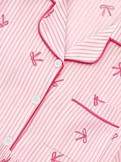 Women’s Pink Bow Print Striped Pajama Set – Short Sleeve Button-Up Top & Shorts