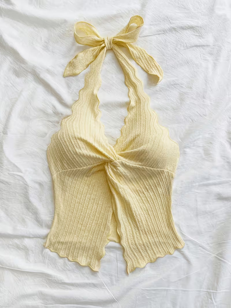 Ribbed Bow Detail Halter Crop Top