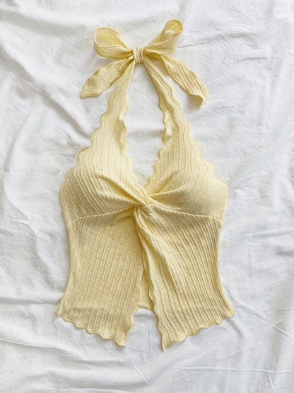 Ribbed Bow Detail Halter Crop Top