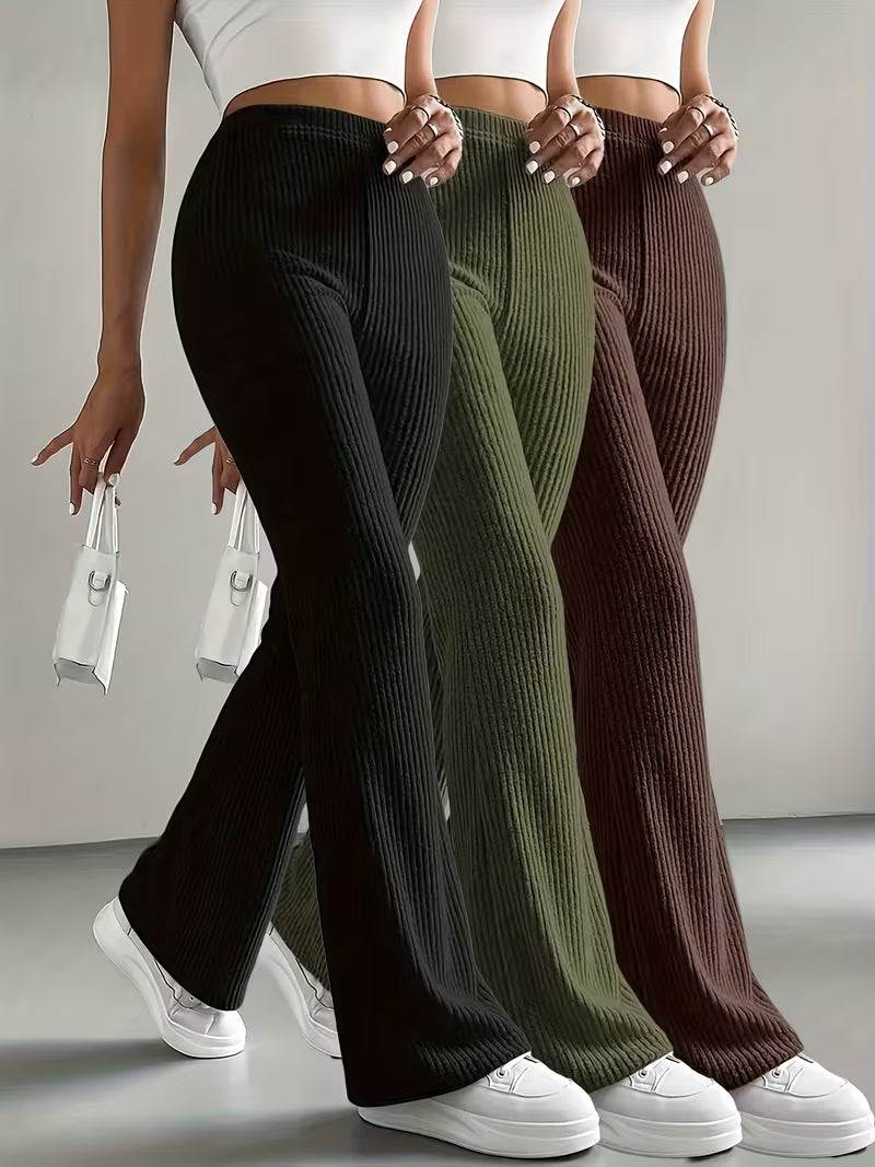 Women’s Ribbed High-Waist Stretch Flared Pants – Comfortable Wide-Leg Fit
