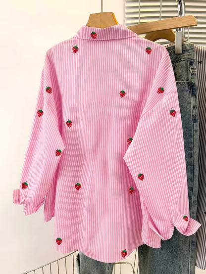 Women’s Pink Striped Strawberry Print Button-Down Shirt