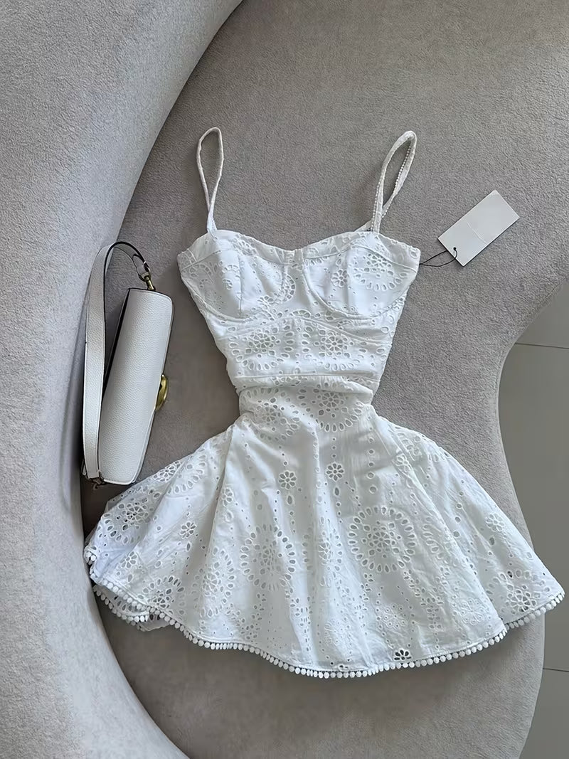 White Eyelet Embroidered Flare Dress
