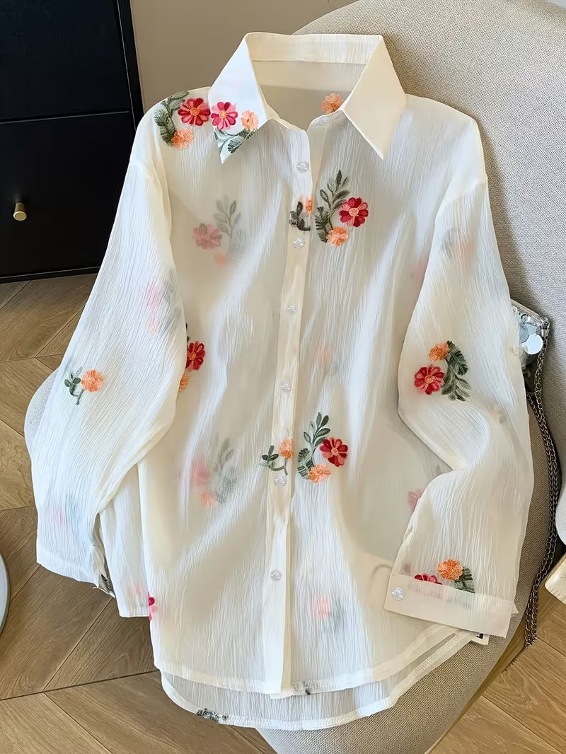 Women's Embroidered Floral Two-Piece Lounge Set | Long Sleeve Shirt & Drawstring Pants