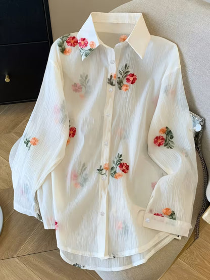 Women's Embroidered Floral Two-Piece Lounge Set | Long Sleeve Shirt & Drawstring Pants