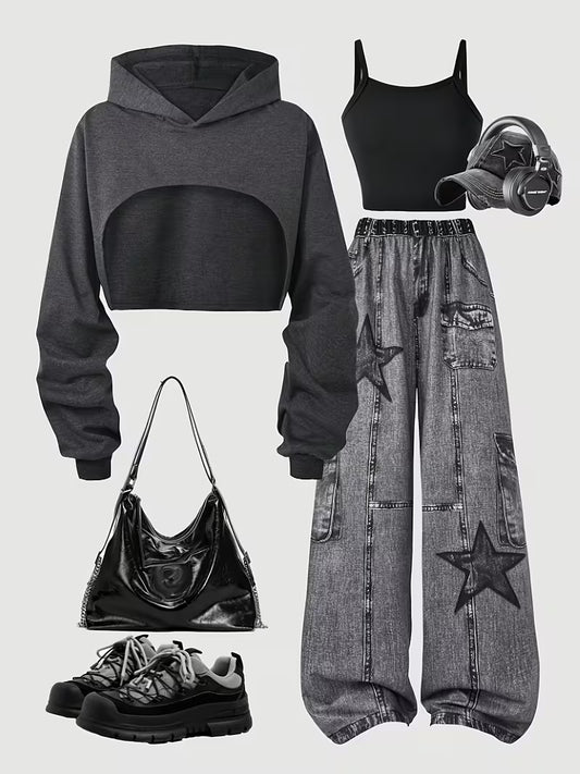 Women’s Charcoal Grey Cropped Hoodie & Star Cargo Jeans 3-Piece Co-Ord Set