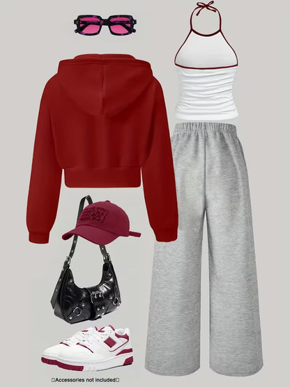 Women’s Red Cropped Hoodie & Grey Wide-Leg Pants 3-Piece Co-Ord Set
