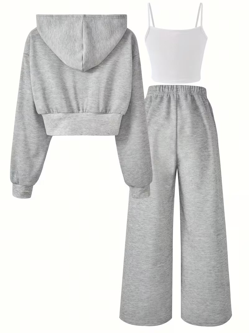 Grey Cozy 3-Piece Lounge Set with Cropped Hoodie