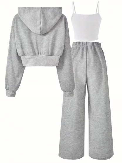 Grey Cozy 3-Piece Lounge Set with Cropped Hoodie