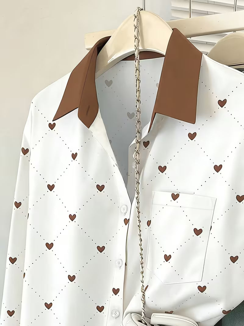 Women’s White Heart Print Button-Down Shirt