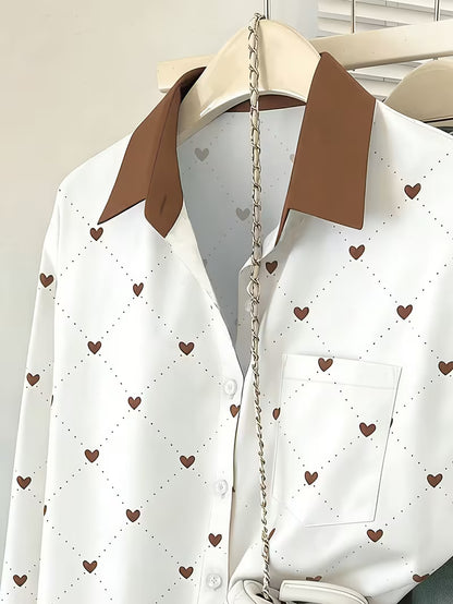 Women’s White Heart Print Button-Down Shirt