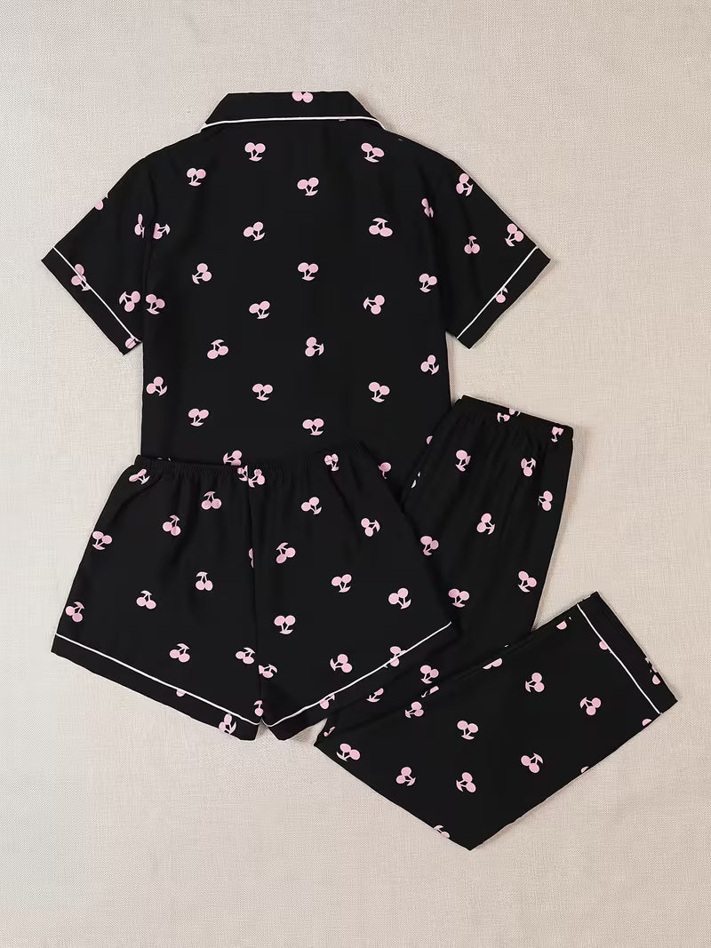 Women’s Cherry Print Pajama Set – Short Sleeve Button-Up Top & Lounge Shorts