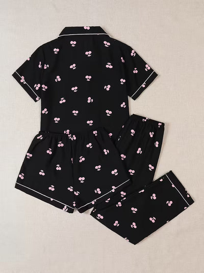 Women’s Cherry Print Pajama Set – Short Sleeve Button-Up Top & Lounge Shorts