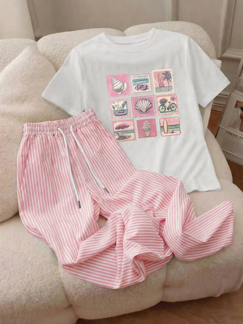 Women’s Cotton 2-Piece Pajama Set – Graphic T-Shirt & Striped Lounge Pants